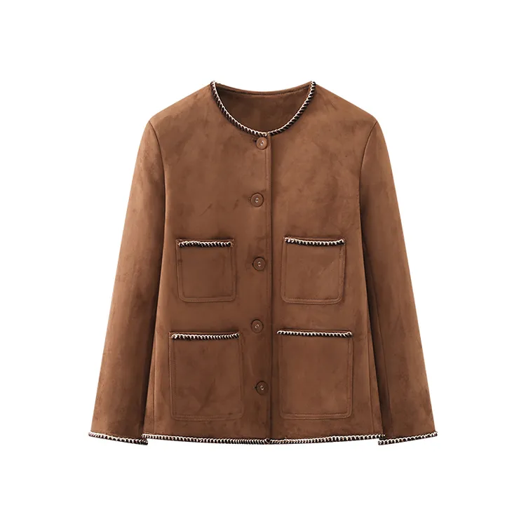 美拉德系！复古休闲圆领多口袋单排扣麂皮绒外套短款上衣