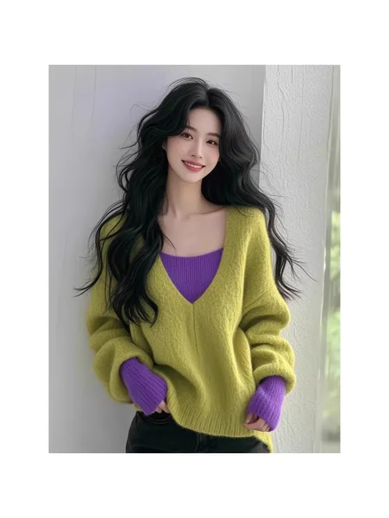 拼接假两件V领毛衣女装2025秋冬季新款漂亮好看多巴胺针织衫上衣