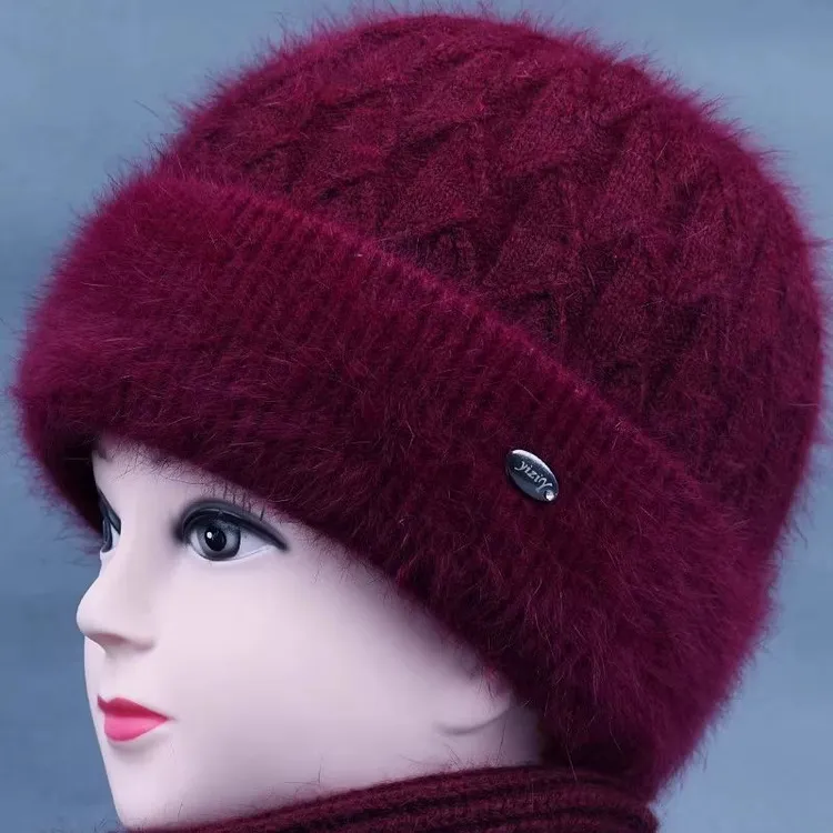 冬天中老年人帽子女妈妈兔毛针织保暖帽老太太毛线帽奶奶加绒棉帽