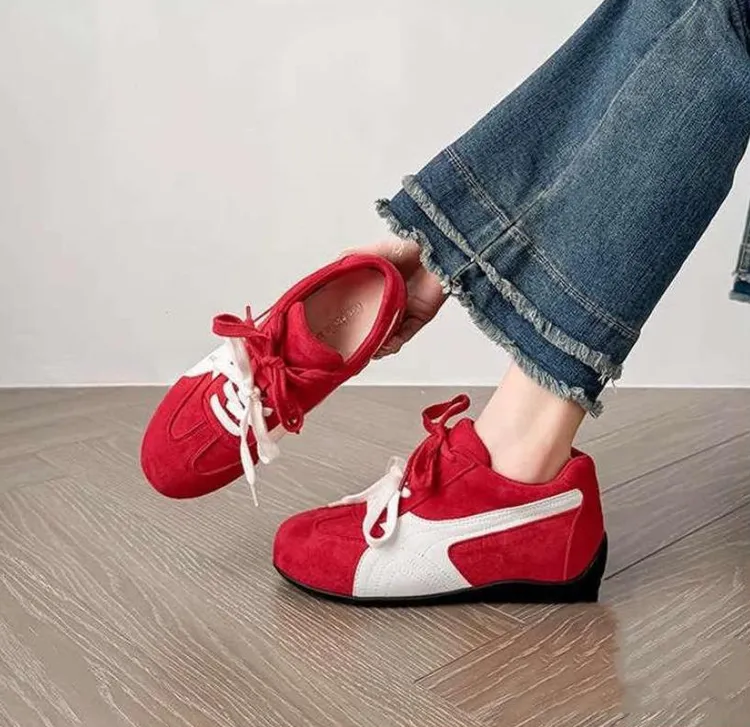 百搭透气内增高红色休闲鞋女新款小个子系带阿甘德训鞋运动鞋鞋子