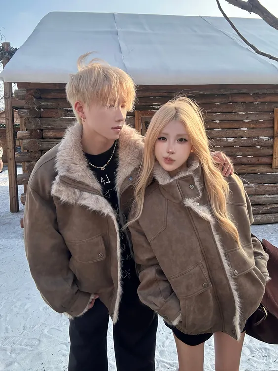 情侣冬季美式座山雕毛领加厚麂皮绒机车保暖宽松外套