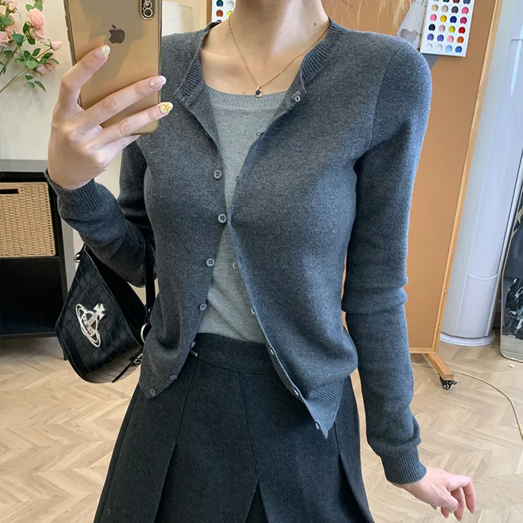 【南油溪溪】灰色假两件针织衫秋冬灰色开衫羊毛长袖毛衣女801024