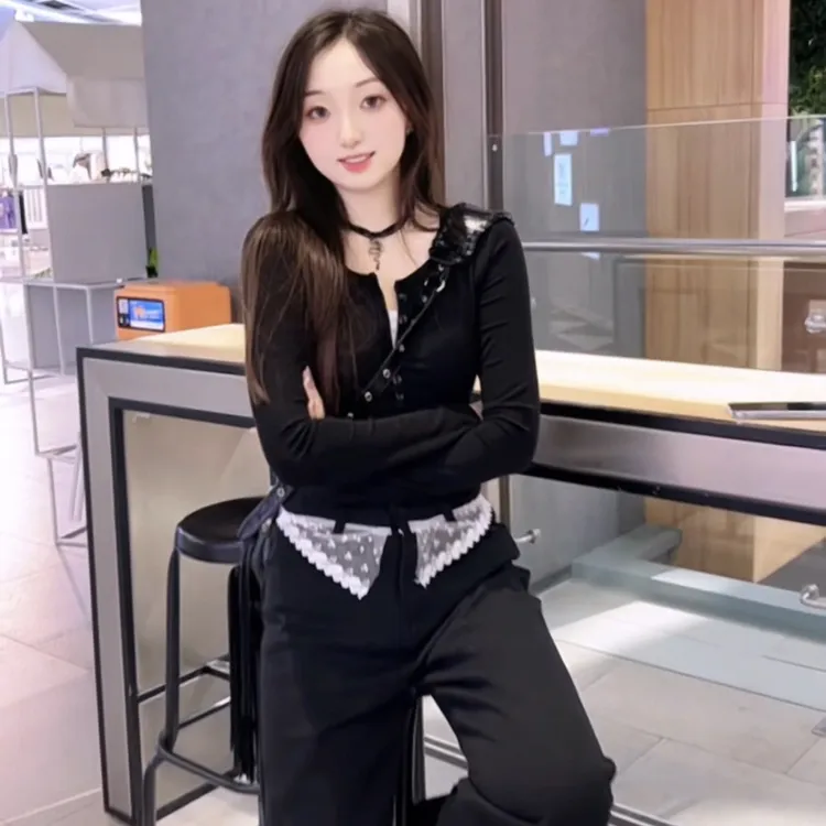 仙女本仙秋季新款 温柔黑色拼接套装