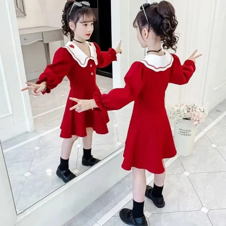 女童连衣裙春秋新款长袖洋气中大童装时尚小学生娃娃领儿童连衣裙
