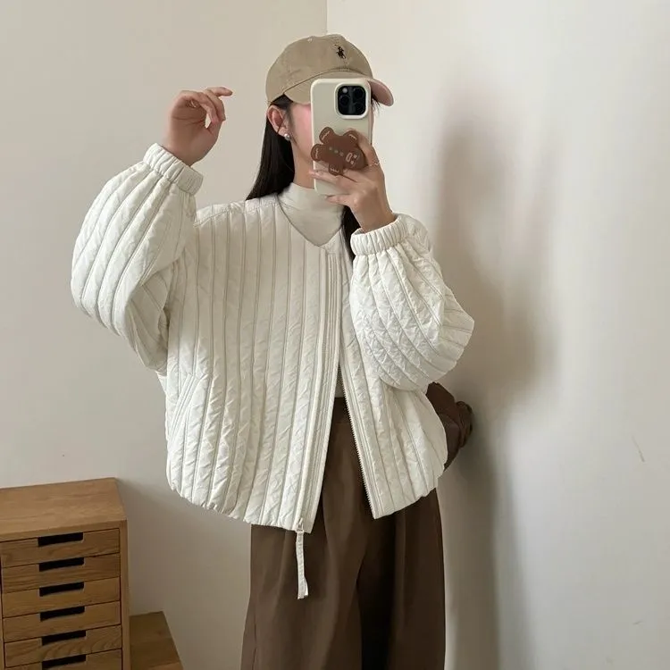 韩系高级感圆领轻薄棉衣棉服女早春2025新款宽松保暖短款夹棉外套