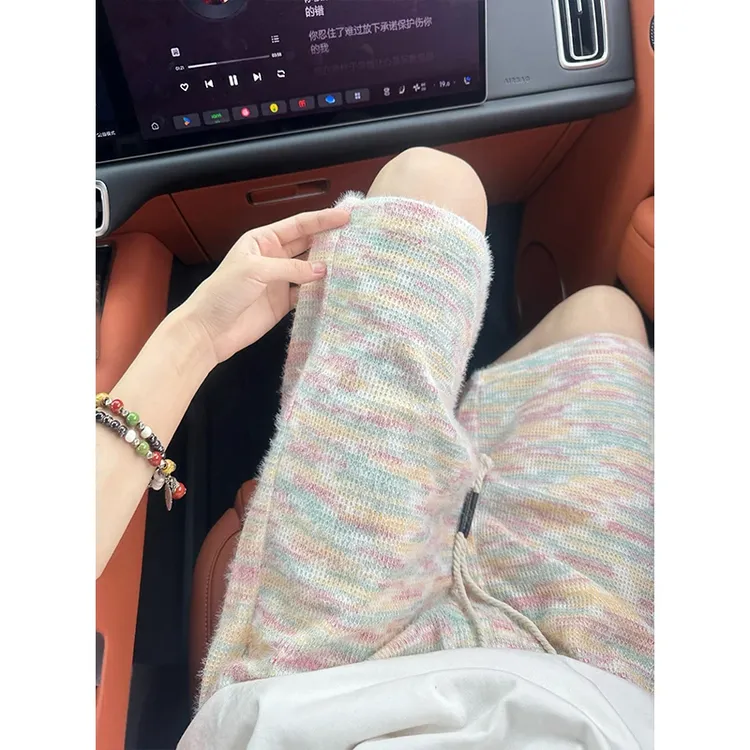 多巴胺彩虹色马海毛短裤男女款夏季日系针织中裤宽松休闲五分裤子