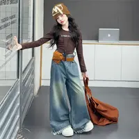 【Maila童装】女童复古毛边牛仔阔腿裤秋季设计感儿童牛仔裤直筒裤