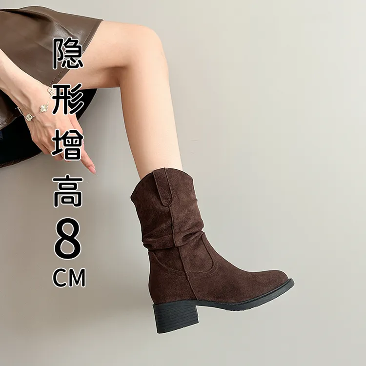 内增高V口短靴女 秋2025新款褶皱堆堆靴复古高跟美拉德西部牛仔靴