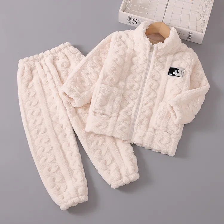 法兰绒儿童秋冬季睡衣女童女孩加厚款珊瑚绒套装男童宝宝家居服