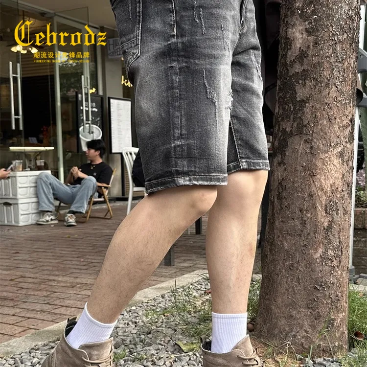 法国Cebrodz美式高端重磅水洗复古牛仔短裤男夏季潮牌直筒五分裤