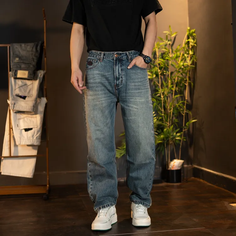 2025春夏美式复古宽松直筒男士牛仔裤潮牌简约蓝色舒适休闲男款裤