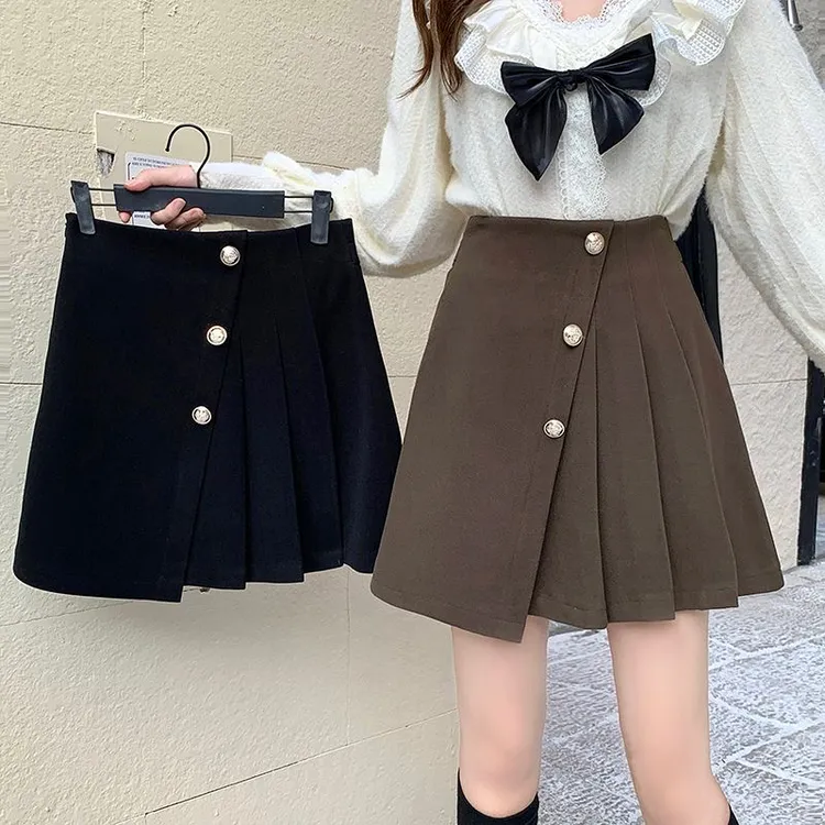 毛呢高腰不规则百褶A字半身裙秋冬显瘦百搭大码包臀短裙遮胯遮肚