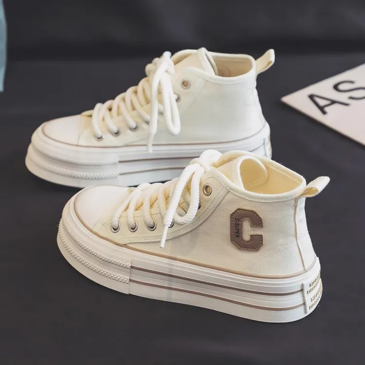 FAVMARTHA-夏季高帮厚底帆布鞋女鞋2025新款薄款透气板鞋布鞋球鞋