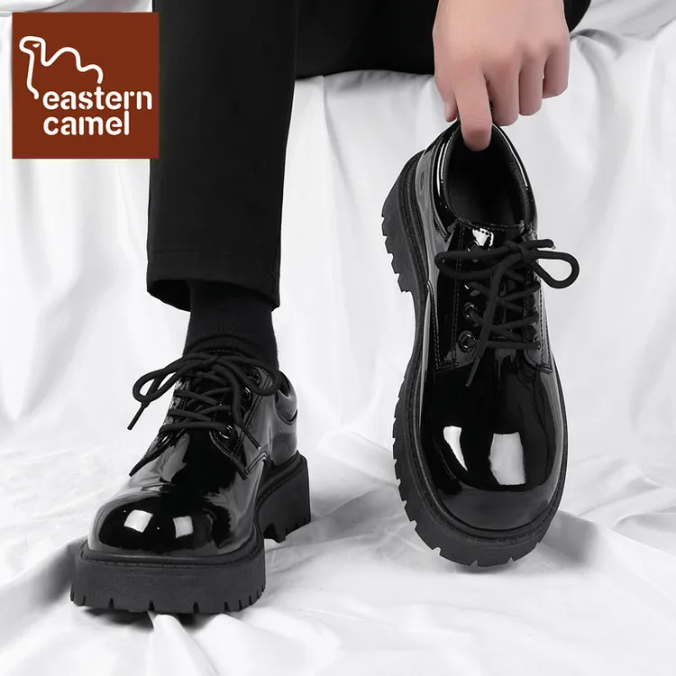 东方骆驼隐形内增高男鞋高级感德比鞋厚底亮面黑色英伦风休闲皮鞋