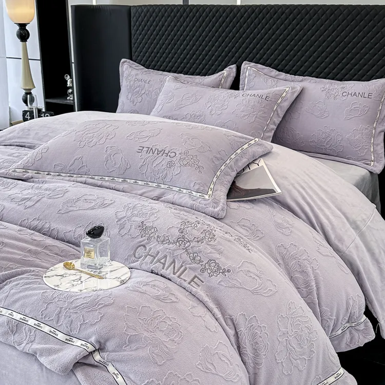 牛奶绒秋冬加厚A类牛奶绒四件套高级感雕花被套双面保暖珊瑚绒款4