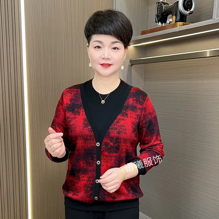 中老年女装假两件妈妈装薄款时尚秋季短款长袖小衫F8803-2