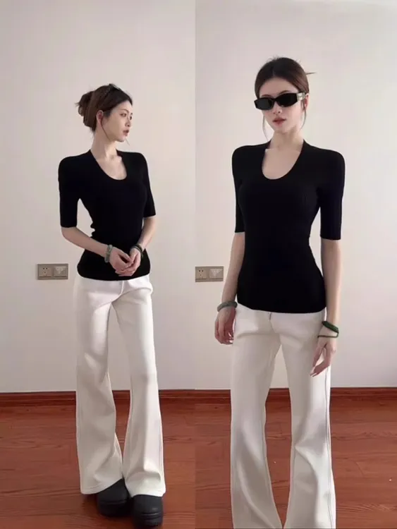 黑色辣妹性感U领中袖T恤2025夏季新款微胖掐腰上衣高腰短款