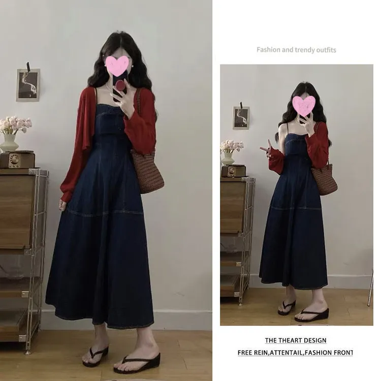 韩系穿搭2025夏季新款高级感复古牛仔吊带连衣裙显瘦开叉A字裙女