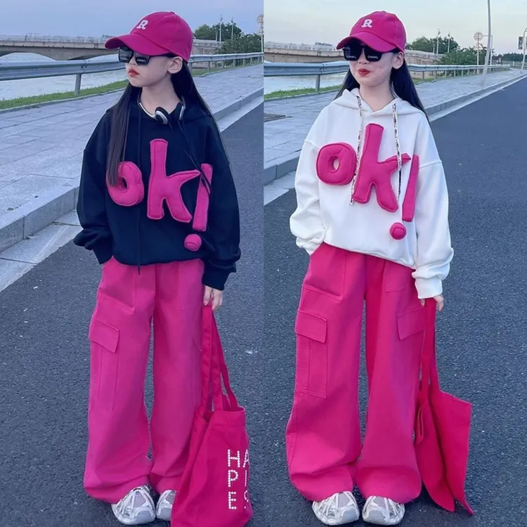女童秋装中大童字母卫衣2025春秋款宽松潮牌慵懒风休闲裤子两件套