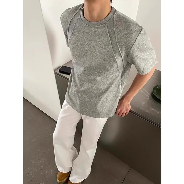 vintage灰色重磅拼接t恤男款夏季小领口美式正肩短袖boxy硬挺半袖