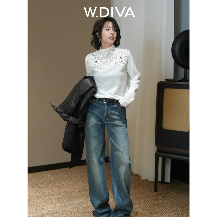 W.Diva【初语】100%山羊绒慵懒温柔镂空立体钩花羊绒衫DWZWSD0015