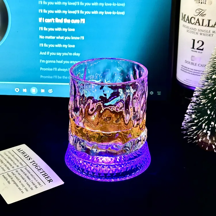 【送紫光杯垫】水波纹威士忌旋转杯玻璃高级感不倒翁轻奢高级酒杯