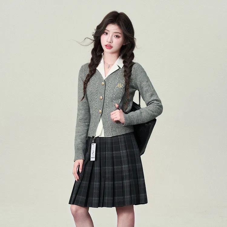 花铃太太【麻花针织开衫】外套新款V领灰色学院风百搭长袖显瘦毛衣