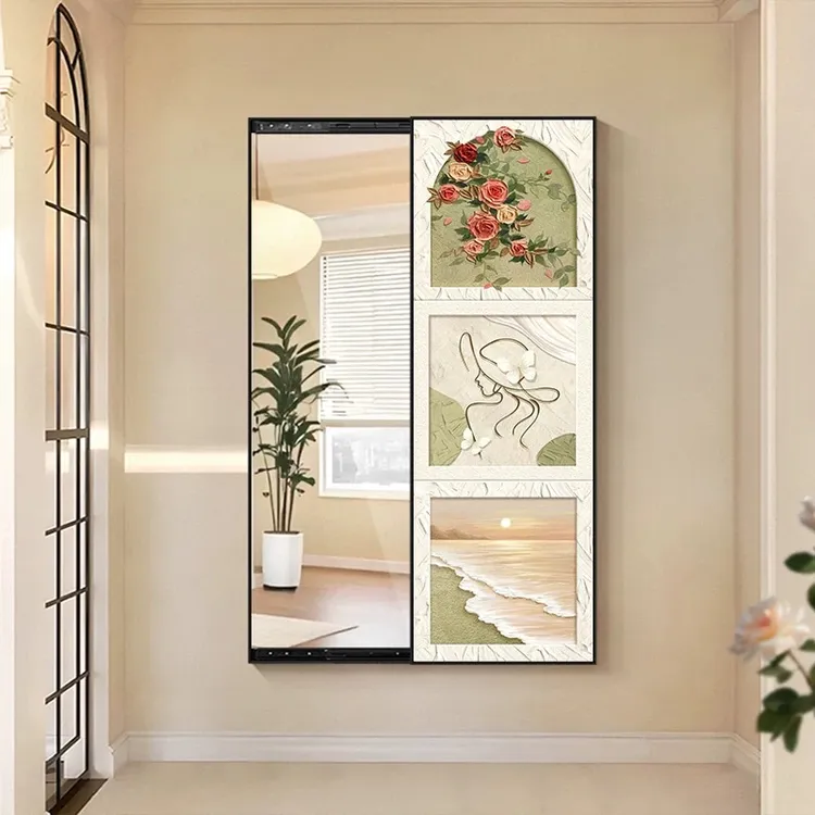 法式奶油风穿衣镜装饰画隐藏式推拉全身镜挂画暗藏式玄关镜子画