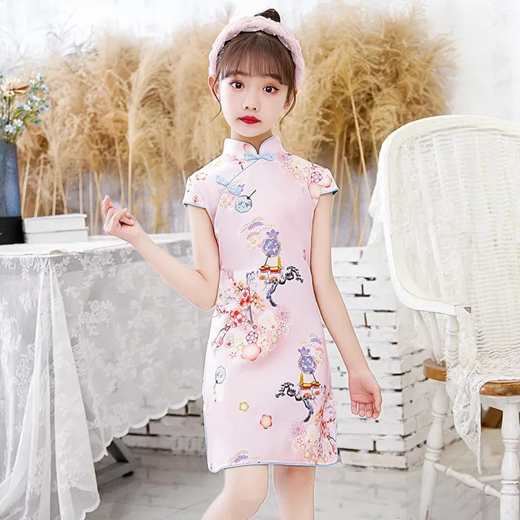 FAVMARTHA女童旗袍2025夏季改良粉色中国风中大童男童篮球服套装