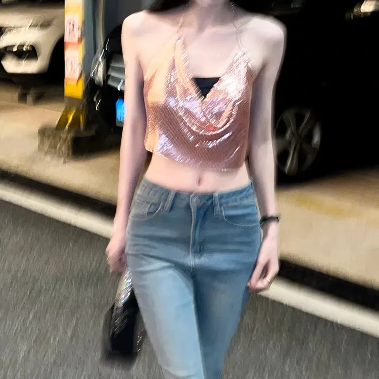 欧美重工金属吊带背心上衣