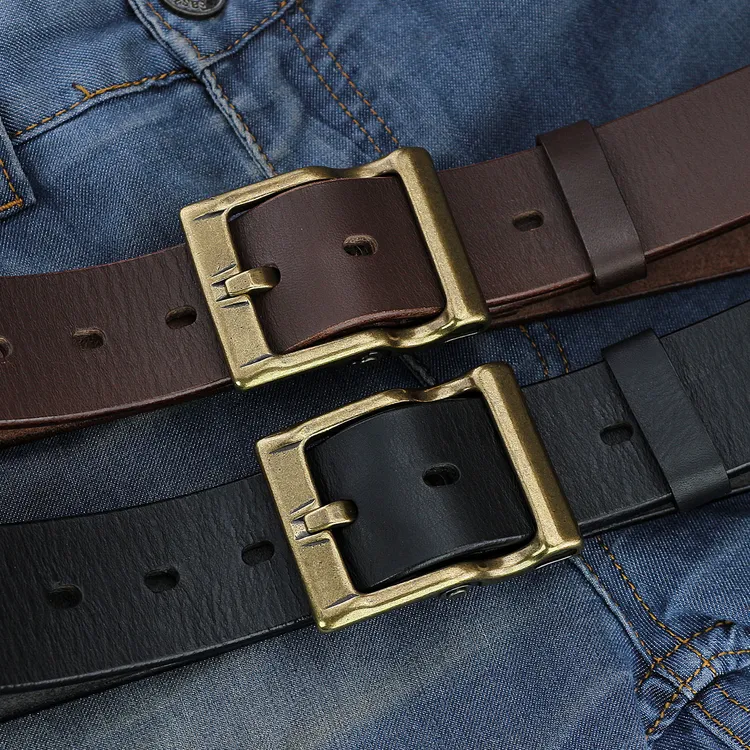 手工意大利植鞣革复古做旧黄铜针扣腰带头层牛皮男士休闲百搭皮带