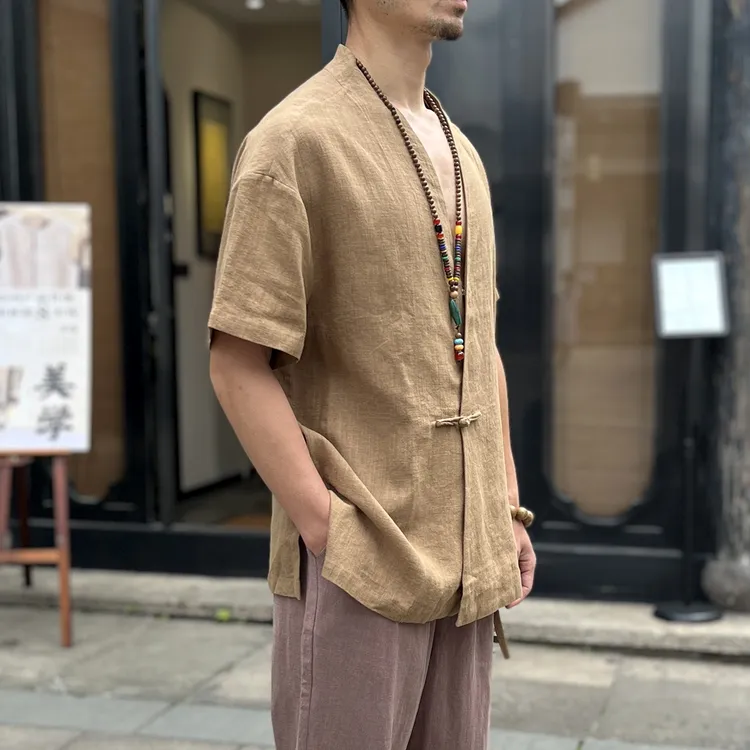 夏季中国风男装短袖改良汉服上衣宽松中式亚麻唐装禅意居士茶禅服