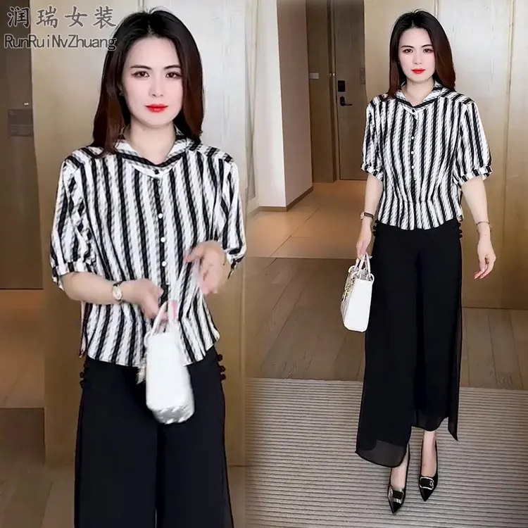 休闲减龄衬衫薄款短袖印花洋气成人宽松型时尚上衣宽松夏季两件套