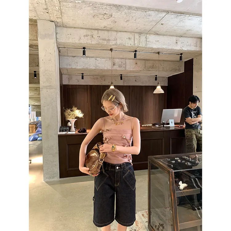 夏季甜美风洋气小众设计感蝴蝶结吊带背心上衣高腰直筒牛仔短裤女