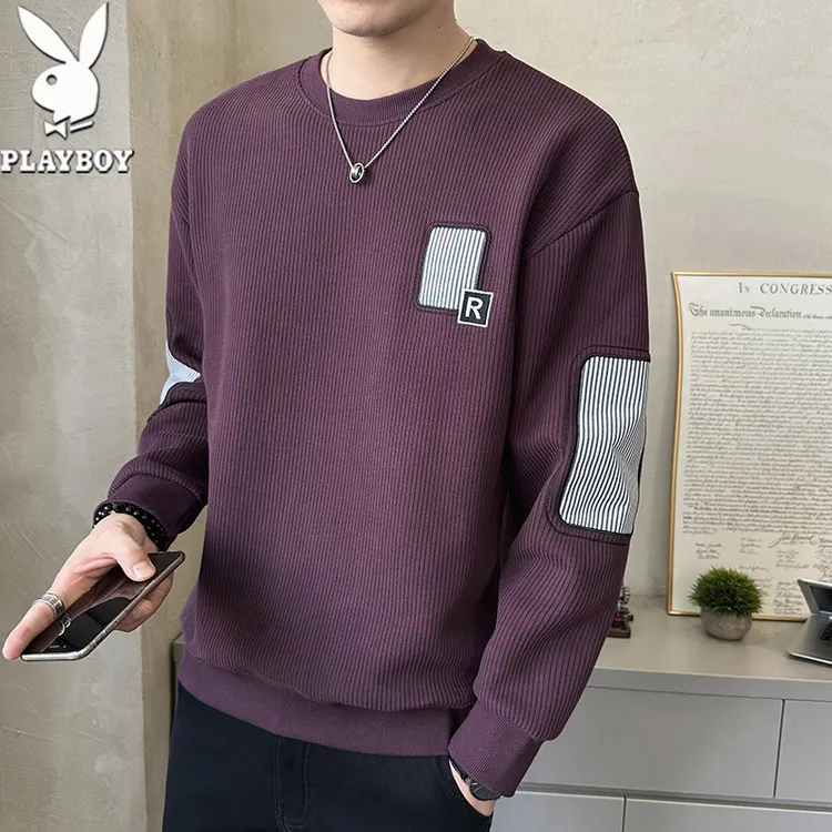 花花公子圆领卫衣男士秋季款重磅针织内搭衣服宽松加绒加厚打底衫