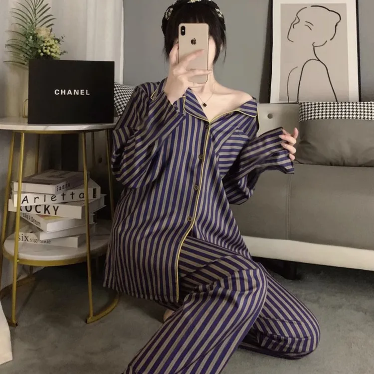 新款ins睡衣复古感网红长袖长裤开衫牛奶丝休闲家居服套装