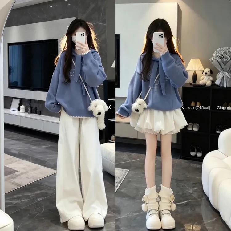 巨好看的秋冬一整套韩系学院风系带连帽针织毛衣休闲裤短裙套装女