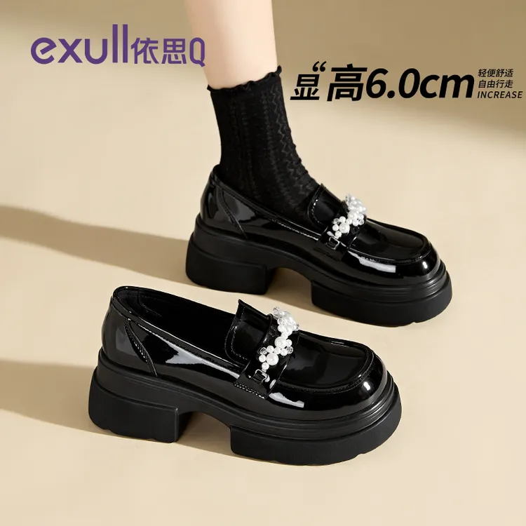 依思q珍珠厚底乐福鞋女2025新款秋季爆款百搭一脚蹬玛丽珍小皮鞋