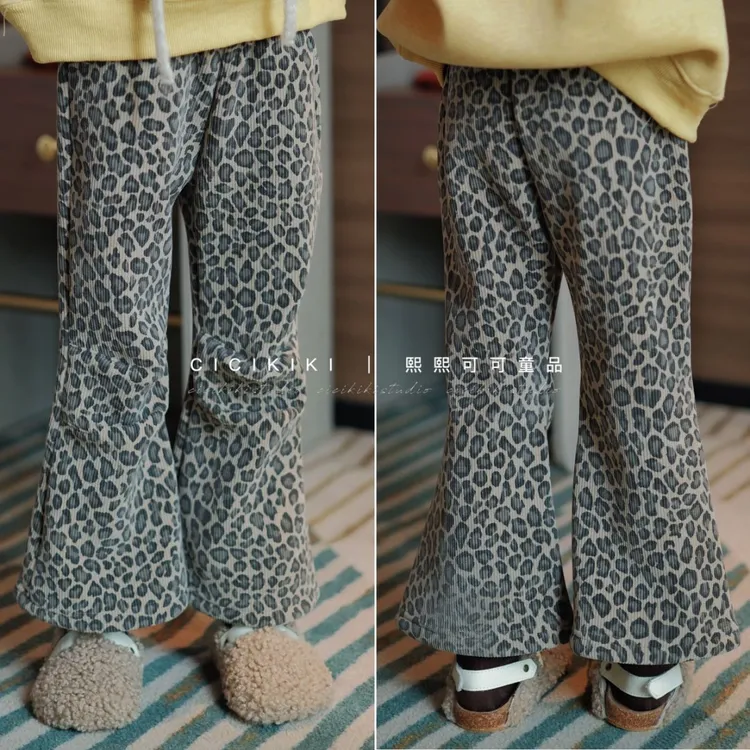 【熙熙可可】2025女童冬季新款百搭加绒加厚豹纹喇叭裤子 KZ25128