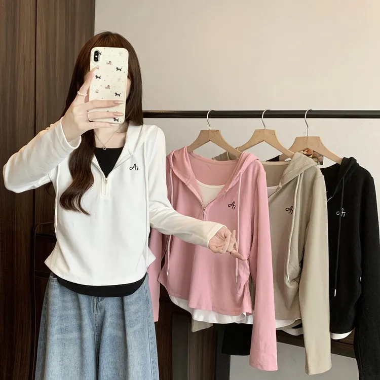 大码休闲连帽假两件长袖t恤女款2025年新款秋装遮肚藏肉打底上衣