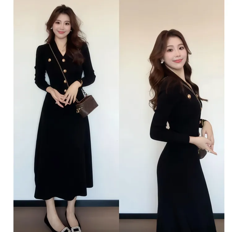 高级感毛衣裙秋冬女装裙子配大衣针织长裙黑色气质显瘦打底连衣裙