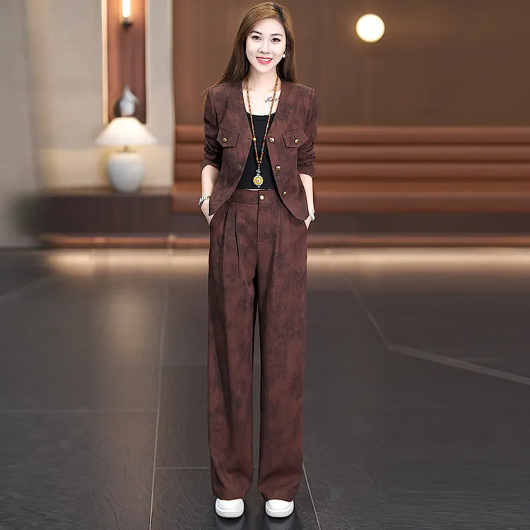 时尚优雅印花套装女2025春季新款韩版洋气减龄外套阔腿裤两件套潮