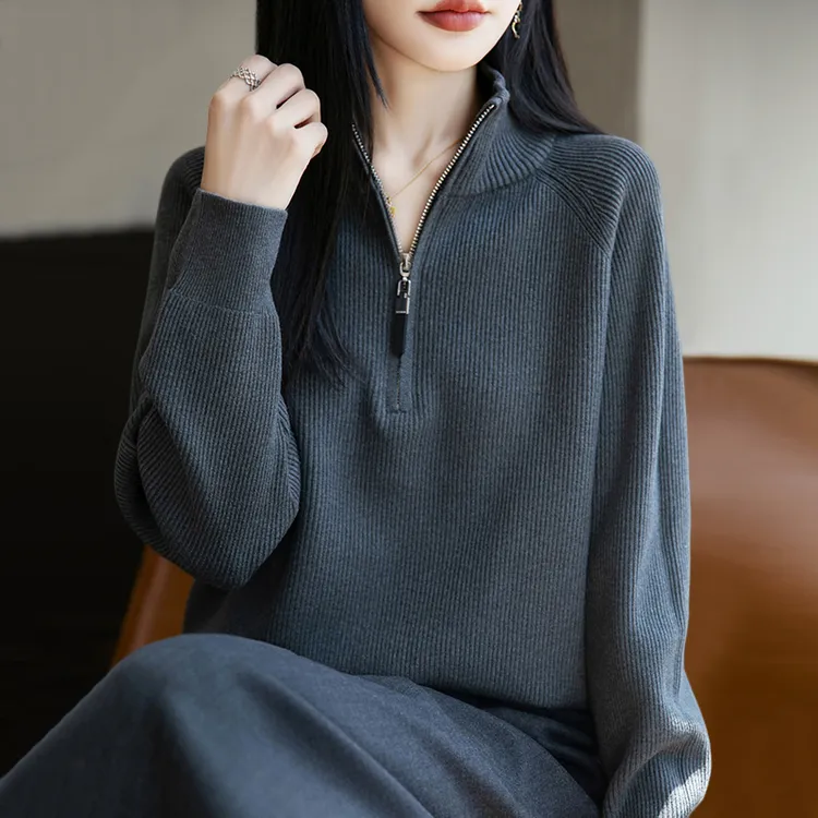 鄂尔多斯市纯100羊毛衫女秋冬新款拉链高领毛衣宽松羊绒打底衫女
