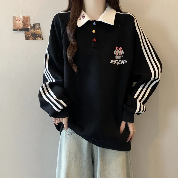 大码秋季新款小狗刺绣POLO领学院风条纹卫衣女百搭上衣
