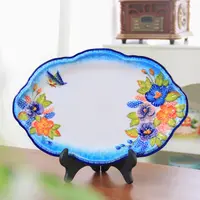 出口外单陶瓷【蝶恋花】12英寸鱼盘手绘浮雕釉下彩