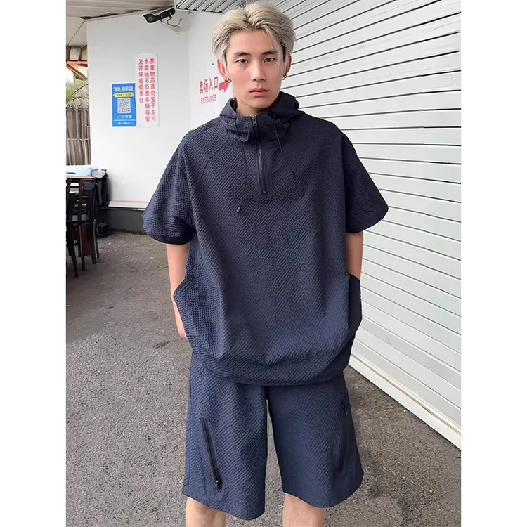 cleanfit藏青色泡泡纱短裤短袖套装男夏季冰丝连帽t恤速干五分裤