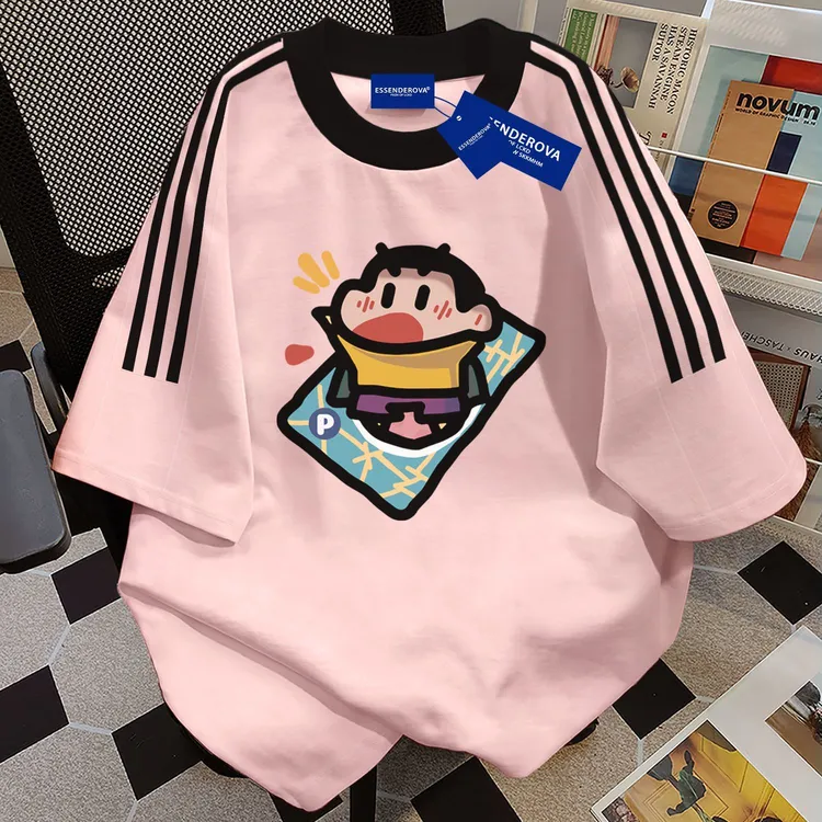 100%纯棉2026新款蜡笔小新印花三条杠短袖t恤男女夏季宽松上衣ins