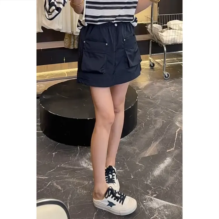 设计感时尚纯色口袋不规则短裙夏季新款直筒时尚显瘦松紧腰休闲裙