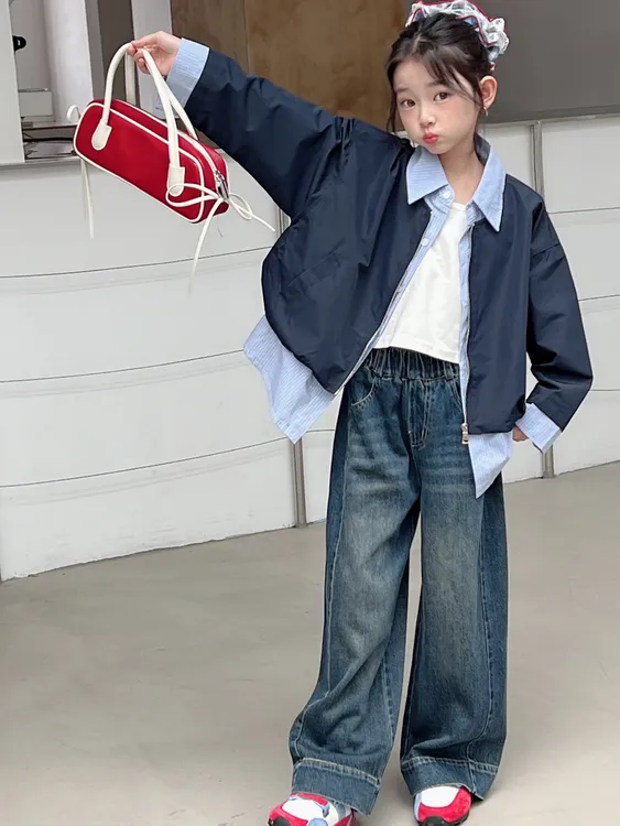 女童2025秋款长袖宽松百搭女短款短外套+牛仔裤