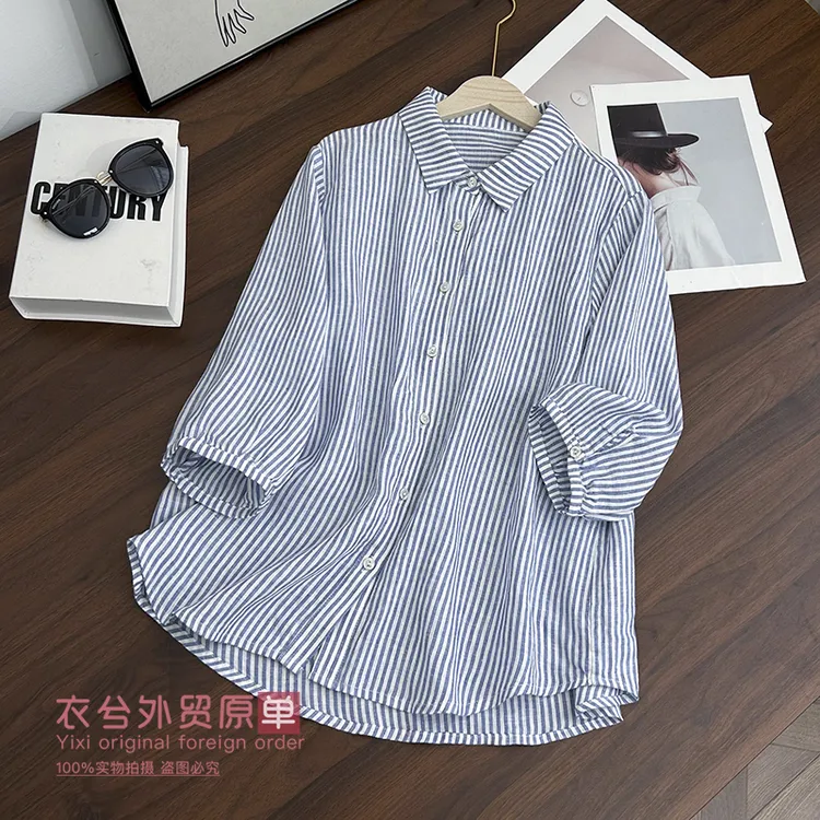 (日系竖条纹亚麻衬衫)895夏季新款文艺风单排扣宽松显瘦小衫Z